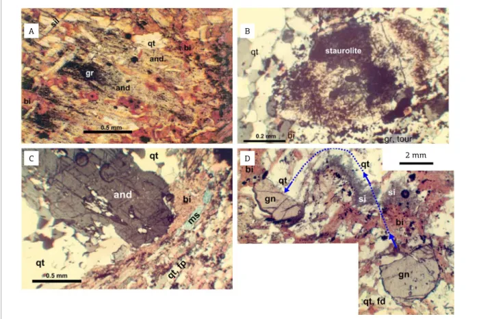 Figure  6.  (A)  Andalusite  (and)  porphyroblast  preserving  lines  of  grains  of  graphite  (gr),  remnants  of  the  irst  dynamothermal metamorphism