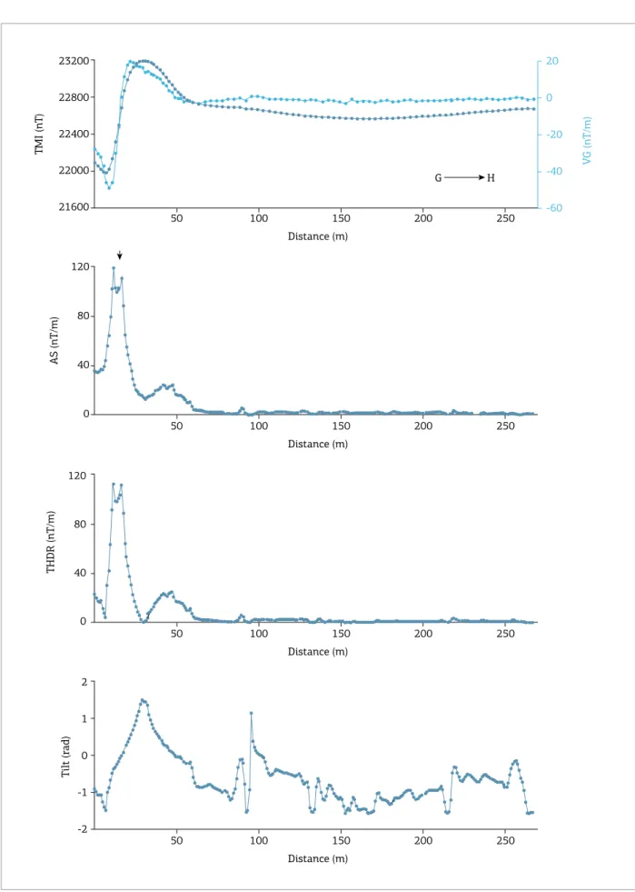Figure 7. Magnetic curves for the south proile (G-H). From top to bottom: total magnetic intensity (TMI), vertical  gradient (VG), analytic signal (AS), total horizontal derivative (THDR), tilt angle (Tilt)