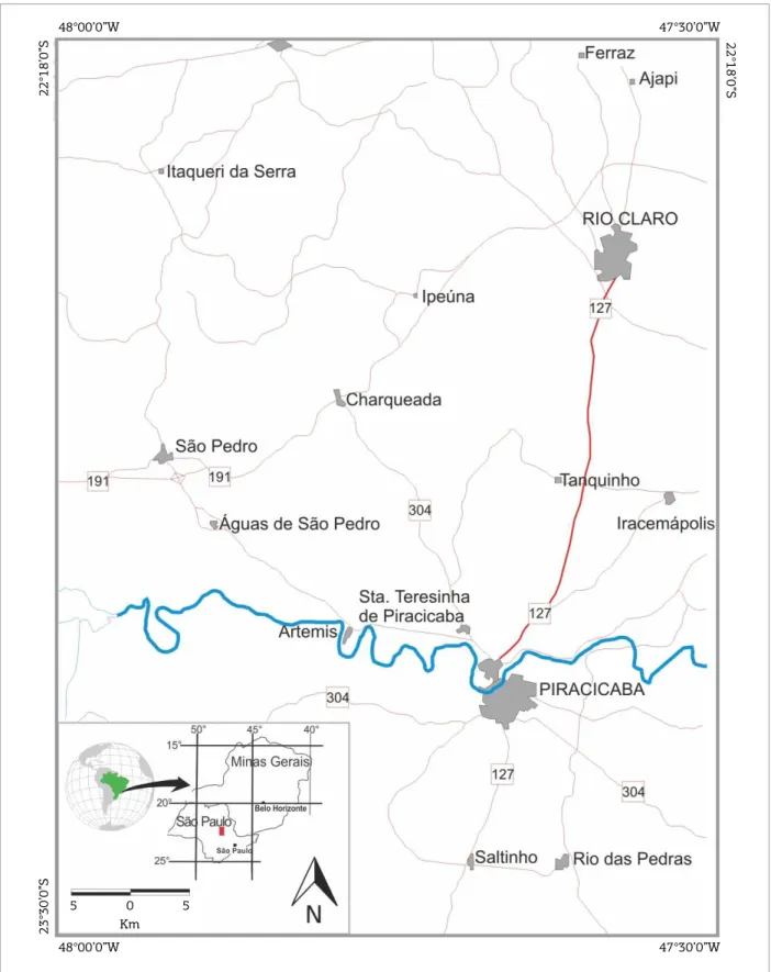 Figure 1. Location map of the study area, main highways, access roads, and cities.22°18’0”S48°00’0”W 47°30’0”W 22°18’0”S23°30’0”S48°00’0”W47°30’0”W505Km