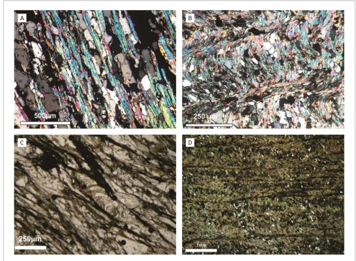 Figure 4. Photomicrography of tectonic structures. (A) Thin section M025A (646756 E, 8813164 N), showing  the  ferriferous  quartz  schist  of  Formosa  Fm.,  located  near  the  Buritirama  City