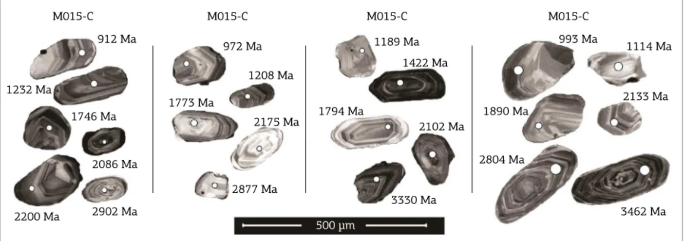 Figure 5. Cathodoluminescence images of zircons from samples M015-C, M021-B, M042-C and M031-A.
