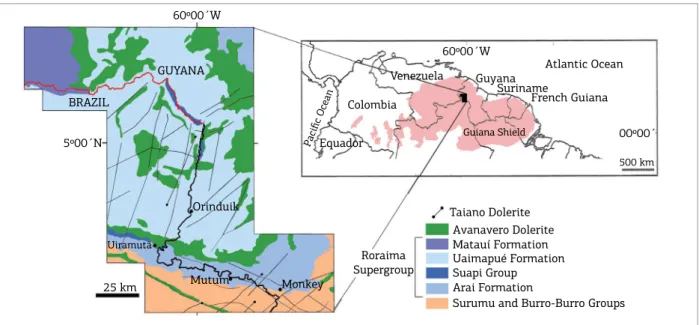 Figure 1. The PSB along the Venezuela, Brazil and Guyana border and the regional geological setting of the  Guiana Shield