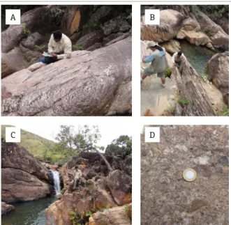 Figure  4.  Paiuá  Creek.  (A)  Layer  of  volcanogenic  ferruginous sandstones with small cross‑stratiications  covered by pyroclastic lows and cineritic deposits (B); 