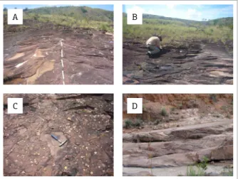Figure 10. Paiuá Creek. (A) Rib‑and‑Furrow sedimentary  structures in quartz sandstone of the Arai Formation  (see hammer for scale); (B) sets of large-scale trough  cross‑stratiications with palaeocurrent lows direction  to  the  SW