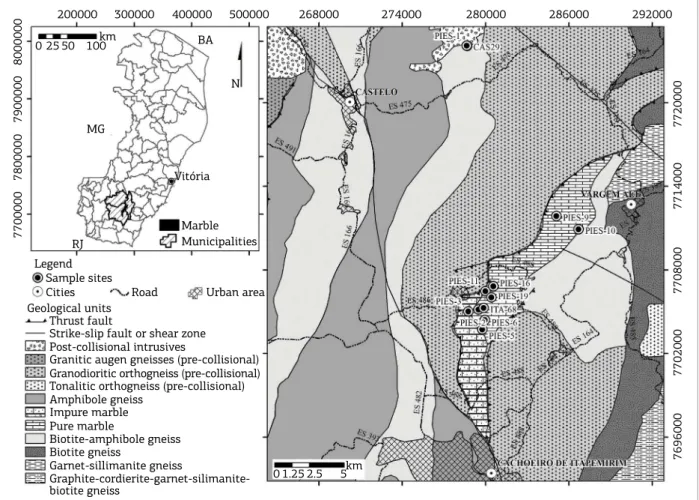 Figure 1. Geographic location and geological map of the Cachoeiro de Itapemirim, Vargem Alta and Castelo regions,  with the location of the collected samples (modiied from Vieira 1997).