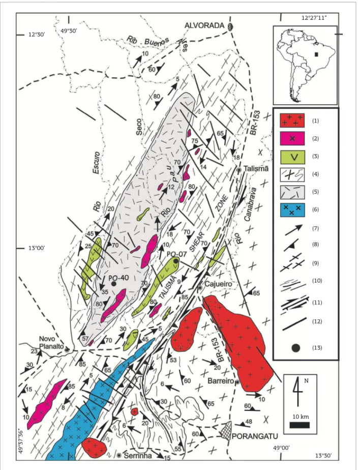 Figure 2. Geological map of the Porangatu-Alvorada region displaying the main geological units: (1) Post-tectonic  granites; (2) Pau Seco granitoid suite; (3) Amphibolite bodies; (4) Gneissic-supracrustal complex; (5) Porangatu  Granulite Complex; (6) Serr