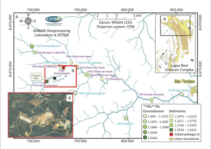 Figure 6. Isotopic  206 Pb/ 207 Pb ratio distribution from groundwater and sediment samples from the watershed in  the northern region of the study area (A) and around the uranium mining industry area showing the contaminated  location (B).