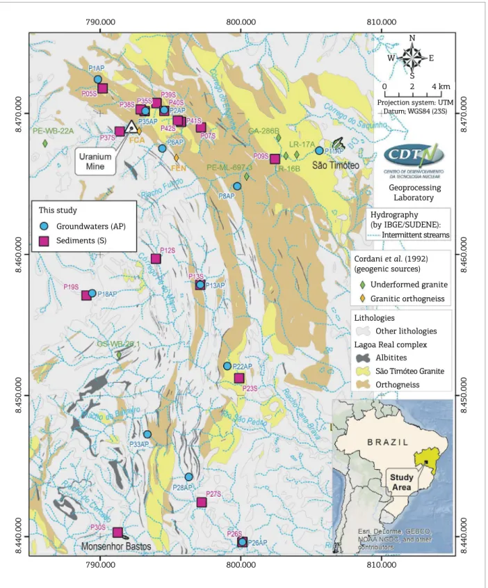Figure 1. Simpliied geologic map with the main lithologies representative of the geogenic sources in the Lagoa  Real Uranium Complex: Albitites, Orthogneiss and São Timóteo Granites and the sample locations of sediments  and groundwater