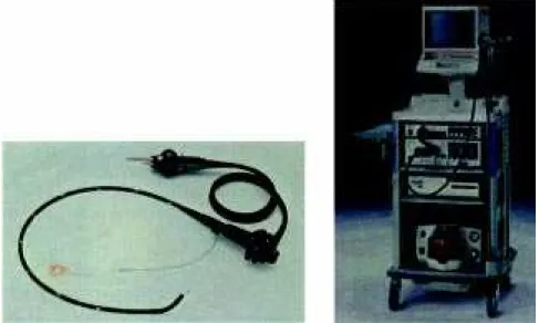 Figure 4  -  Videocolonoscope. Insertion tube (left) and complete set (right): insertion tube, monitor, light source, and image processor.