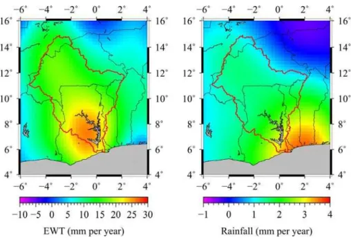 Figure 4 – Inter-annual trends in EWT (left) and rainfall (right) in mm/yr for the  period from 2005 to 2010 and the reference epoch is 2007.5