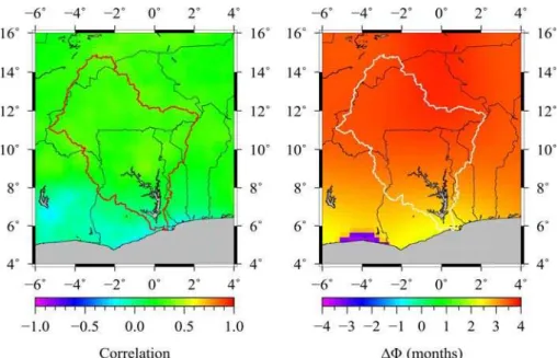 Figure 6 – Correlation coe ﬃ cients (left) of EWT and rainfall, phase differences  (right) between EWT changes and rainfall