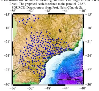 Figure 1 – The distribution of 262 GPS/leveling points over the target area in Southern of  Brazil