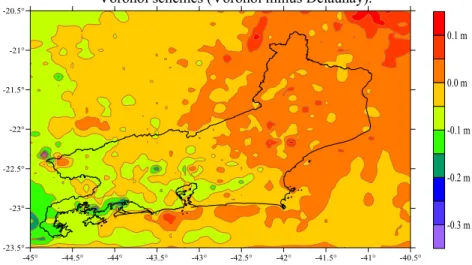 Figure 9 – Differences between geoidal heights computed with Delaunay and  Voronoi schemes (Voronoi minus Delaunay)