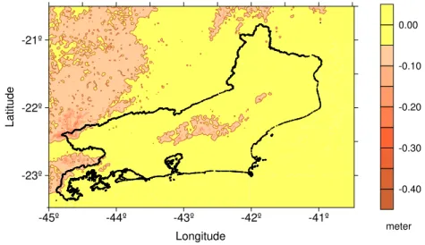 Figure 14 – Indirect effect for the Helmert’s second condensation method, with the  curve of -0.05 meter in highlight, as it was computed using Delaunay triangulation.