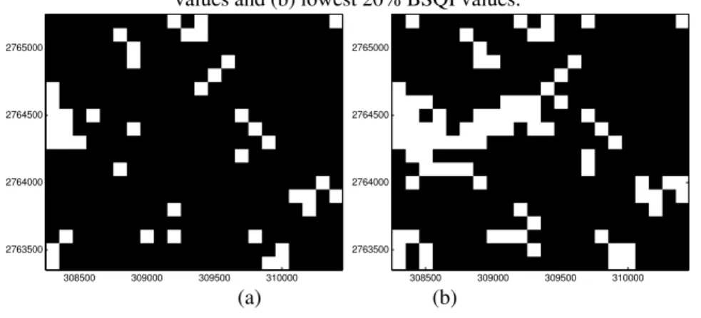 Figure 7 - Optimal base station locations (in white) based on (a) lowest 10% BSQI  values and (b) lowest 20% BSQI values