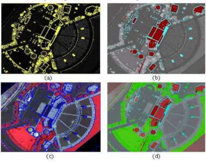 Figure 7 - The results of the contrast split segmentation using slope images (a),  initial building class 1 (b), multi-resolution segmentation using an orthoimage and a 