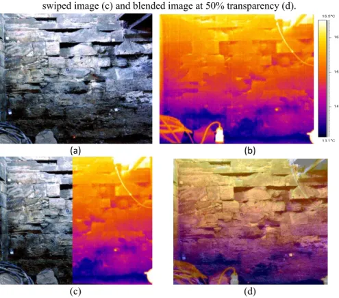 Figure 6- Geo-registered rectified digital image (a), thermographic image (b),  swiped image (c) and blended image at 50% transparency (d)