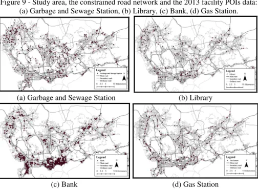 Figure 9 - Study area, the constrained road network and the 2013 facility POIs data: 