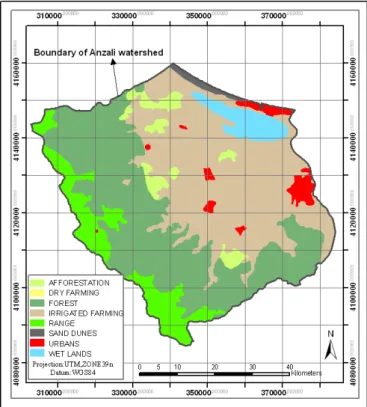 Figure  3  shows  distribution  of  different  land  uses  in  Anzali  Watershed.    As  the  figure  demonstrates,  irrigated  farming,  woodlands,  and  Anzali  Wetland  cover  143836ha  (40%),  137310ha (38%), and13647ha (4%) of the total study area, re