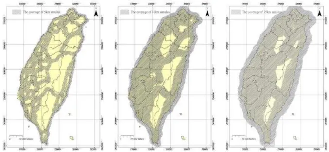 Figure 5 : Coverage of using a 5, 10, and 15-km radii buffer analysis.