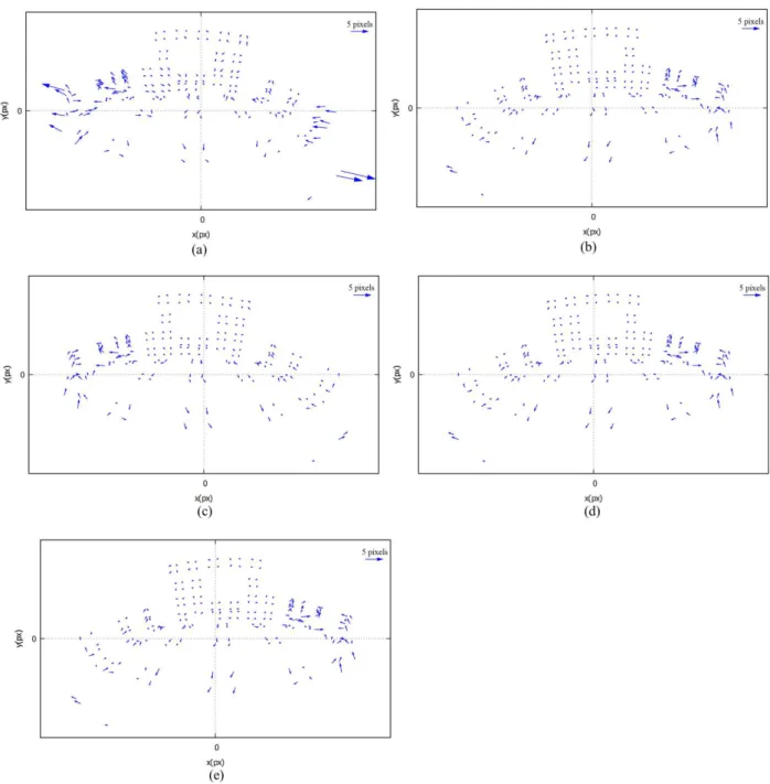 Figure 5: Residuals distribution for the studied projections models: (a) Perspective; (b)  Stereographic; (c) Equi-distant; (d) Equi-solid-angle e; (e) Orthogonal