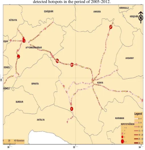 Figure 5 - Hotspots detected with crash severity method and repetitiveness of  detected hotspots in the period of 2005-2012