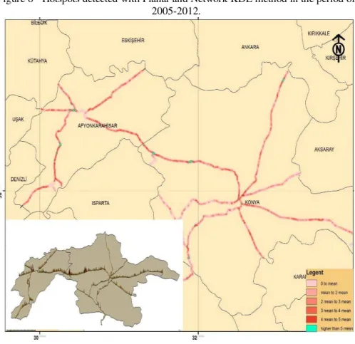 Figure 6 - Hotspots detected with Planar and Network KDE method in the period of  2005-2012