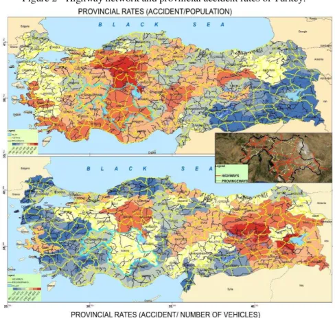 Figure 2 - Highway network and provincial accident rates of Turkey. 