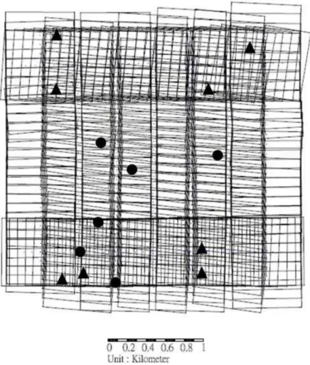 Figure 7: Distribution of 8 full GCPs (triangles) and 6 check points (black dots) for  GPS-assisted AT 