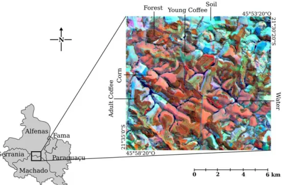 Figure 2: Location of the test site in south of Minas Gerais State, Brazil. Landsat 5 TM 453  (RGB) composition with the identification of the land cover types