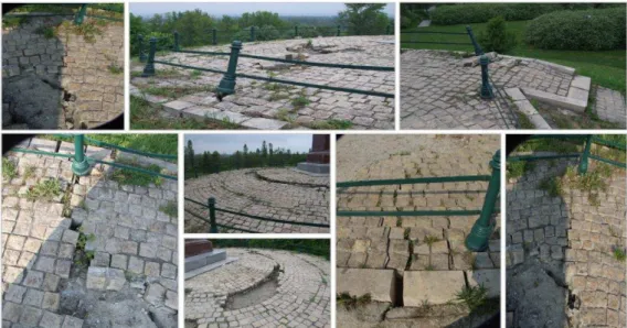 Figure 4: The view of destruction of the upper view balustrade of the Wanda Mound in 2010  and 2012, as a result of intensive and long term precipitation  