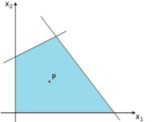 Figure 1:  Graphical sketch of a system of linear inequalities in two dimensions. P is a possible  solution