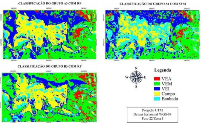 Figura 3: Melhores resultados da classificação com os algoritmos RF e SVM nas imagens  Landsat-8 e RapidEye