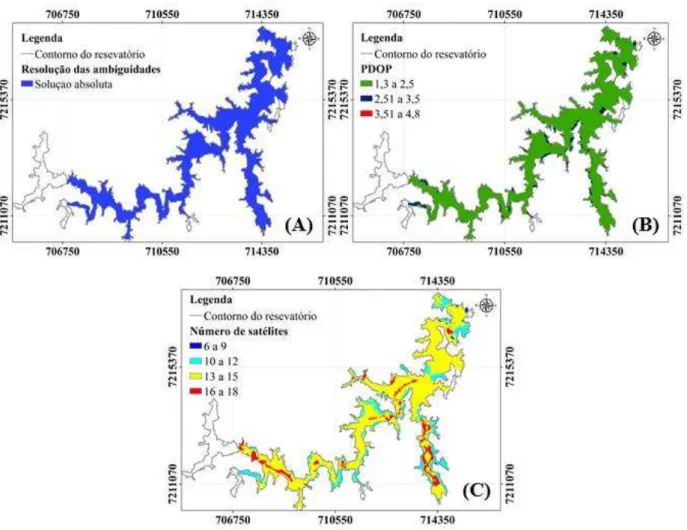 Figura 11: (A) Mapa da distribuição espacial da resolução das ambiguidades. ( B)  Mapa da  interpolação referente aos valores de PDOP durante o levantamento