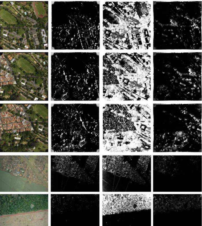 Figure 3: Results with aerial images. First column is the original input image, second is our  result, third is Santos ’, and last is the Polidorio’s approach with manually tuned thresholds 