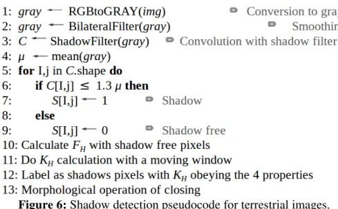 Figure 6: Shadow detection pseudocode for terrestrial images. 