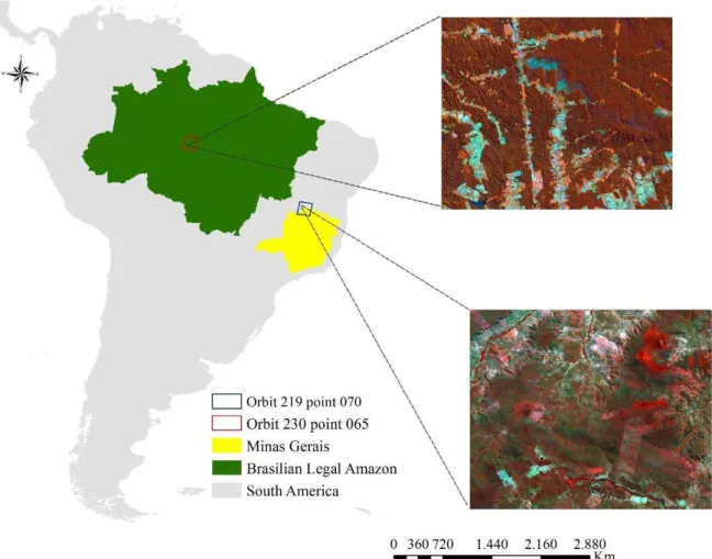 Figure 1 shows two study areas.  The first one includes an area of Brazilian Savanna located in the  Northwest of Minas Gerais State, subject to recurrent changes in land cover due to anthropogenic  and  natural  causes