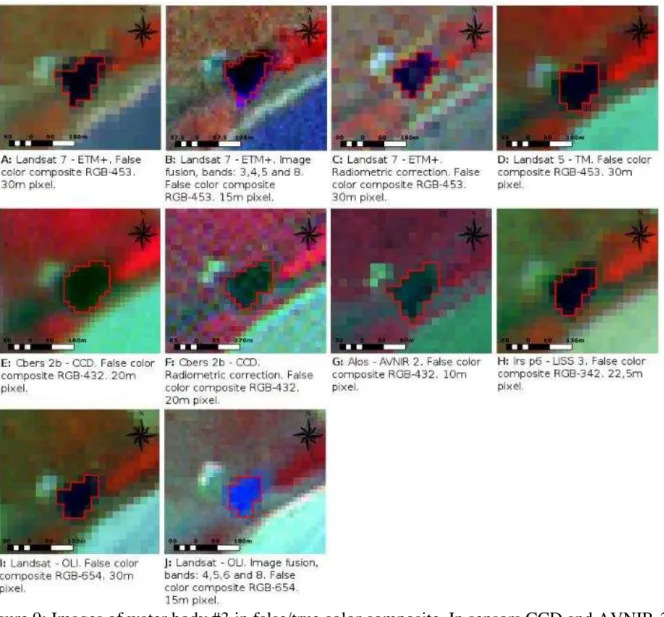 Figure 9: Images of water body #3 in false/true color composite. In sensors CCD and AVNIR-2,  the RGB channels were associated to red, green and NIR bands