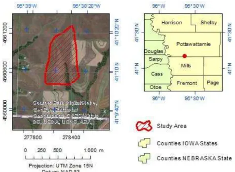 Figure 1: Overview of the study area, located in the state of Iowa, USA, in the county of  Pottawattamie, comprising a portion of 34.3209 hectare in the city of Treynor