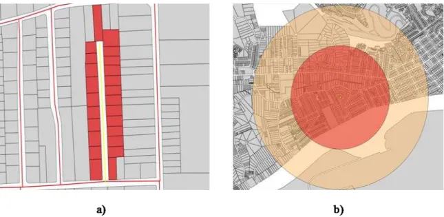 Figure 1: Example of urban infrastructure with respective benefited area: a) linear influence area  and b) radial influence area