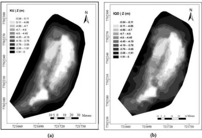 Figure 7: Bathymetric depth DEM based on universal kriging using GRID1 (left map) and  Depth bathymetric DEM based on ISDW using GRID1 (right map)