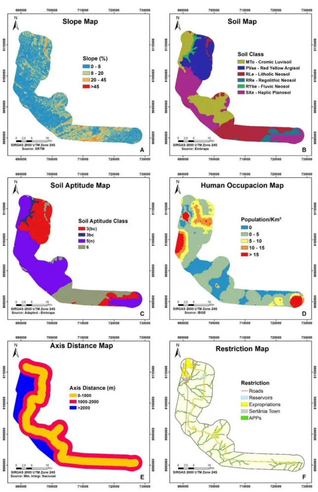 Figure 4: (A) Slope Map, (B) Soil Map, (C) Aptitude Map , (D) Human Occupation Map , (E)  Axis Distance Map and (F) Restriction Map