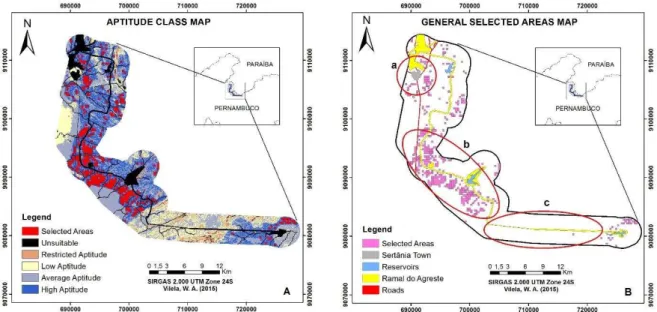 Figure 5: (A) Aptitude Class Map and selected 10 ha areas and (B) General Selected Areas Map  displaying important decision factors such as consumer centers, reservoirs, channel and roads
