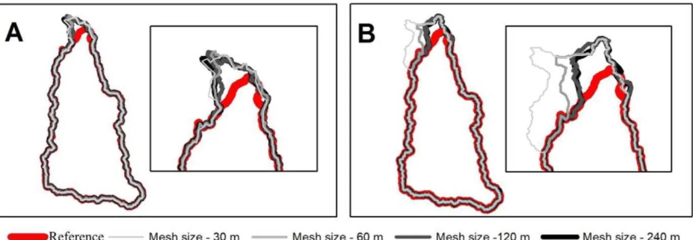 Figure 12: Boundaries of a sub-basin extracted from GDEM (A) and TOPODATA (B) in the  lower sector