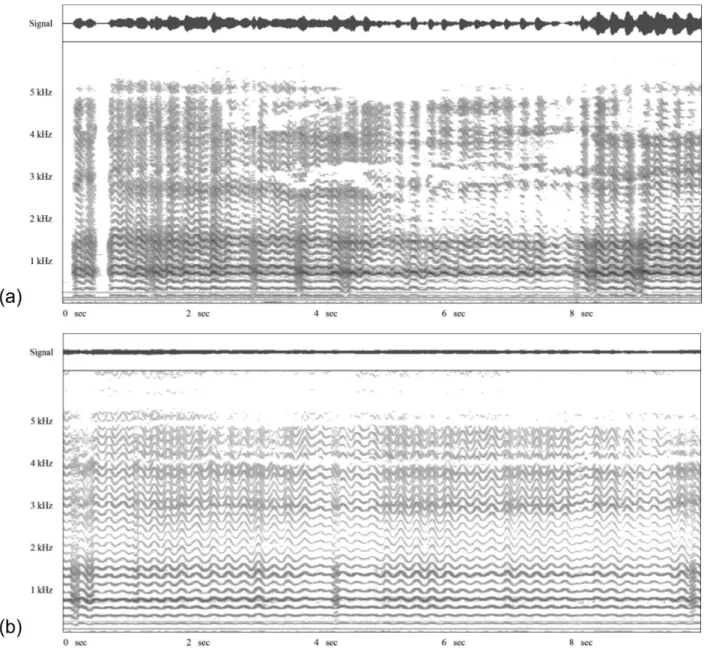 Figure 1. Spectrogram of the utterance of the vowel /a/ of the patient pre (a) and post speech therapy (b)