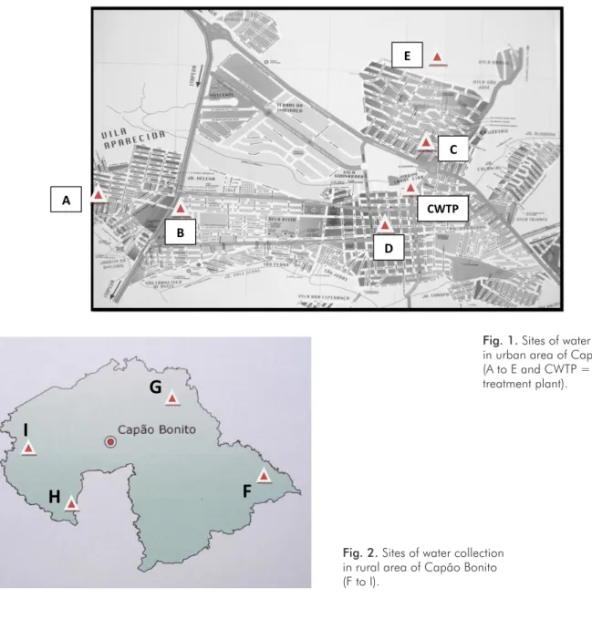 Fig. 1. Sites of water collections   in urban area of Capão Bonito  (A to E and CWTP = central water  treatment plant).