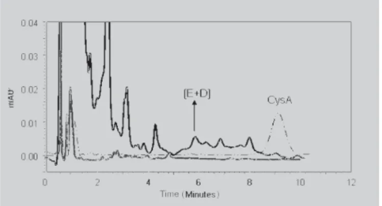 FIGURE 2 - Chromatograms referring to analyses of homogenates of SC (gray line) and [E+D] (bold black line) compared to the profile of a 5  P g/mL CysA solution (dashed black line) to evaluate the selectivity of the method.
