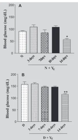 FIGURE 2 - Effect of hydro-ethanolic extract of yacon (Y E ), administered orally at the dose of 400 mg/kg body weight, on the glycemia of nondiabetic rats (A) and diabetic rats (B) after different periods of treatment