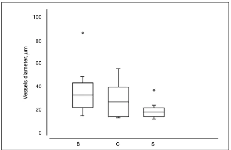 Figure 4  – Microvessel diameter calculations from representative  histological sections of the viable areas of laps from animals   in the bulomedil, control, and sildenail groups