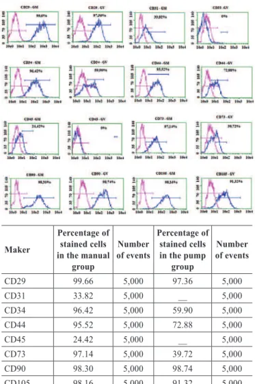 Figure 3  – Percentages of stained cells with different markers  and numbers of events in both the manual and pump groups